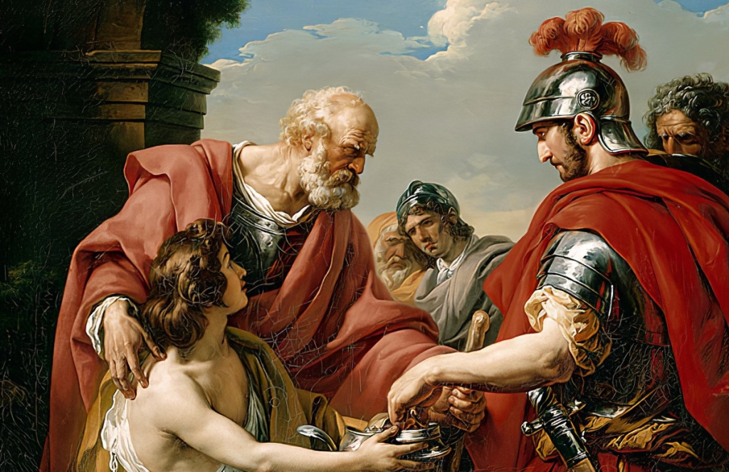 Belisarius, a Byzantine general reduced to begging on the street, recognized by a Roman soldier,Francois-Andre Vincent, 1776