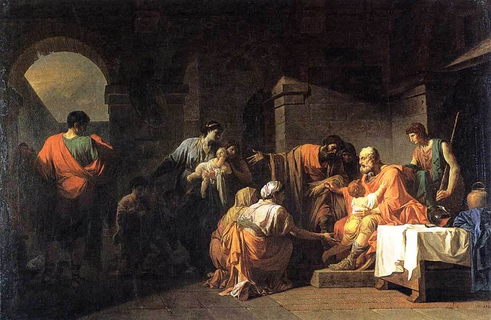Jean Francois Pierre Peyron's Belisarius receiving hospitality from a peasont who served under him, 1779