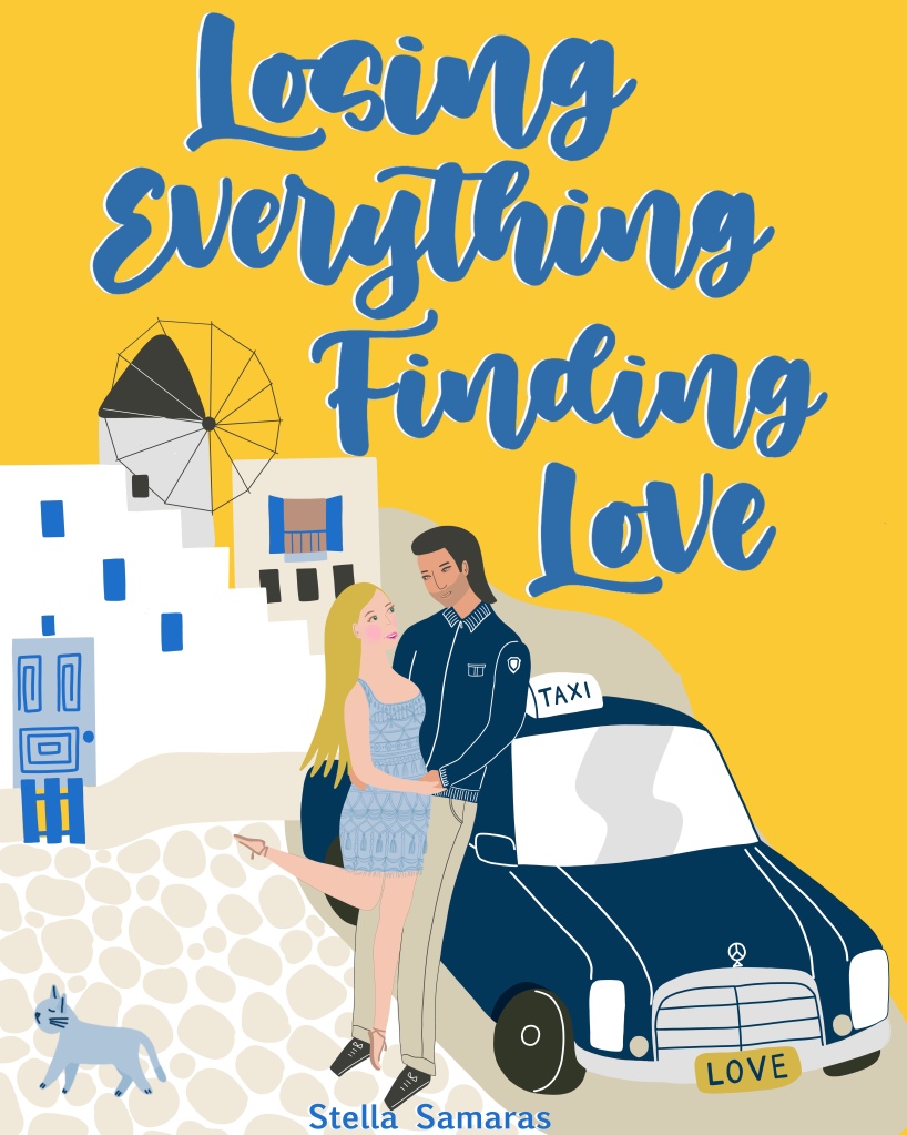 Book Cover image for Losing Everything Finding Love featuring the a couple embracing in front of a retro merc taxi before the windmill and cityscape of Mykonos